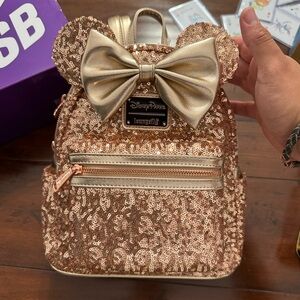 Disney Parks Minnie Mouse Rose Gold Sequined Mini Backpack by Loungefly NWT